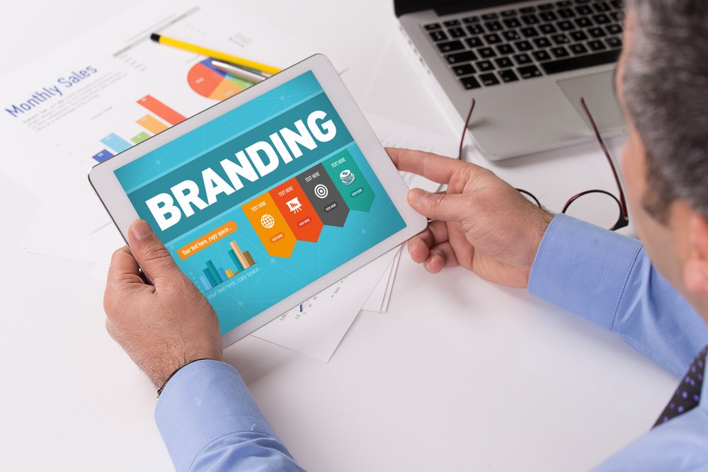 A laptop showing branding